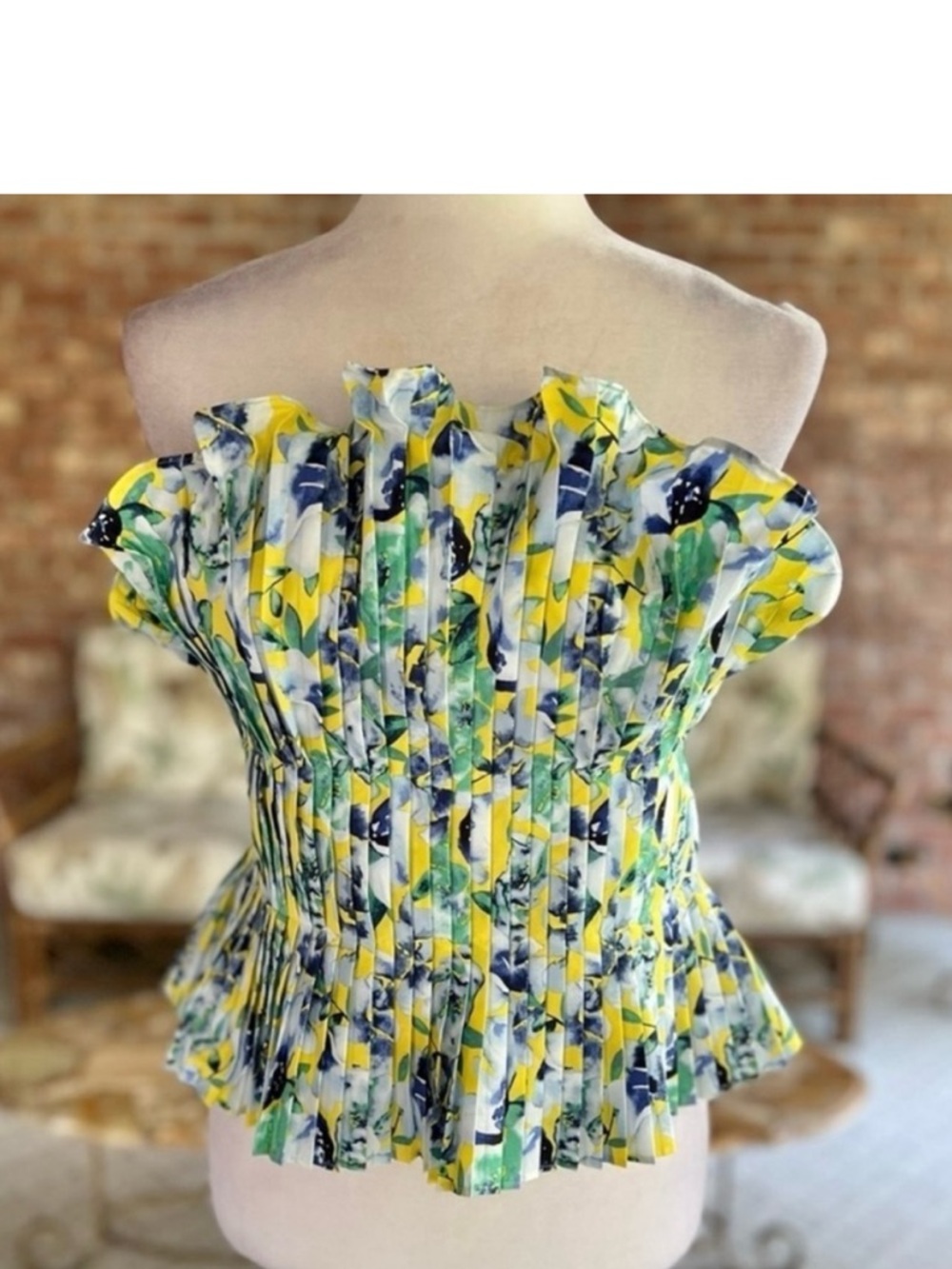 BNWOT WHBM Floral Strapless Pleated Ruched Peplum Corset Top - Yellow/Blue/Green